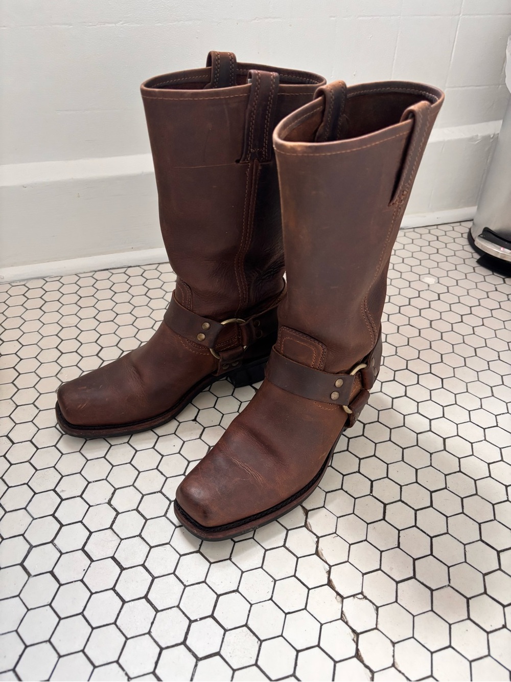 Frye Brown Leather Harness Moto Boots